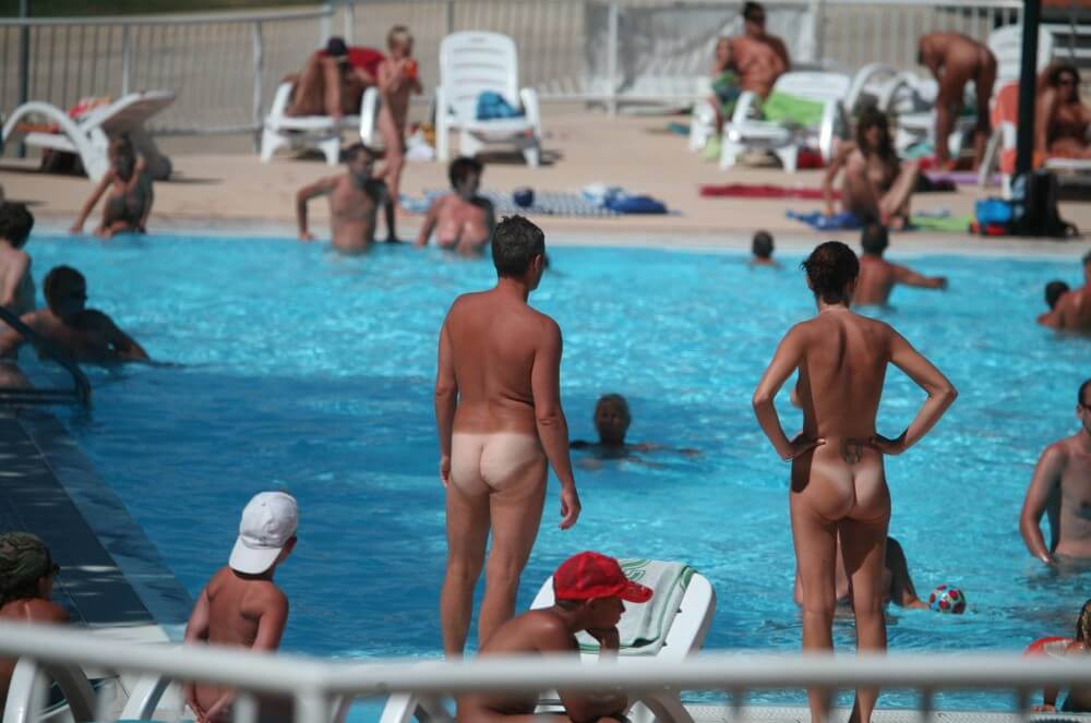 Pool-Shore Group Exercise - The natural beauty of the body is revealed in nudism
